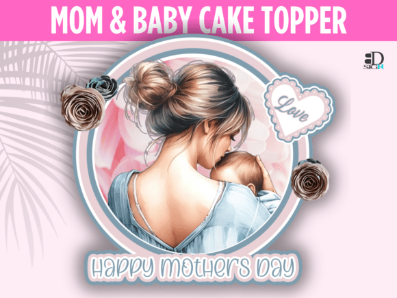 Mom Baby Love Blue Pink Cake Topper for Embroidery Projects
